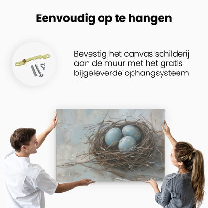 Canvas schilderij ophangen Drie Blauwe Eieren in een Nest