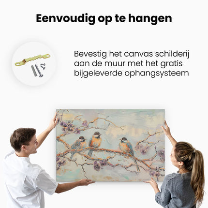 Canvas schilderij ophangen Drie Vogels Zittend op een Tak