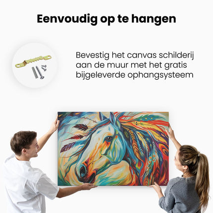 Canvas schilderij ophangen Kleurrijk Kunstwerk van een Paard met Veren