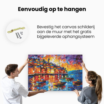 Canvas schilderij ophangen Kunstwerk van Boten Aangemeerd in een Haven