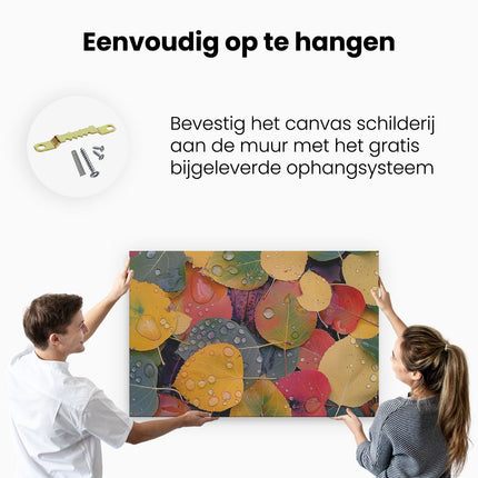 Canvas schilderij ophangen Kleurrijke Bladeren met Waterdruppels