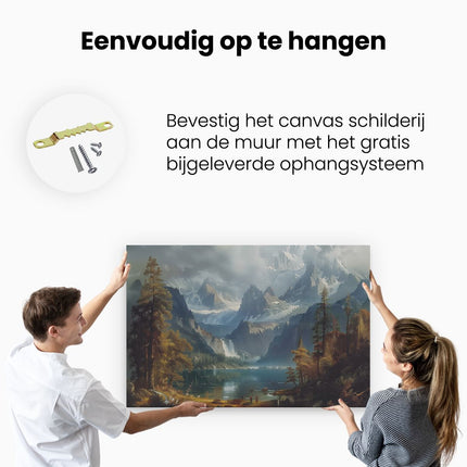 Canvas schilderij ophangen Kunstwerk van Bergen en een Meer