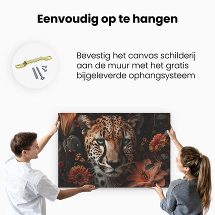 Canvas schilderij ophangen Luipaard met Groene Ogen en Bloemen