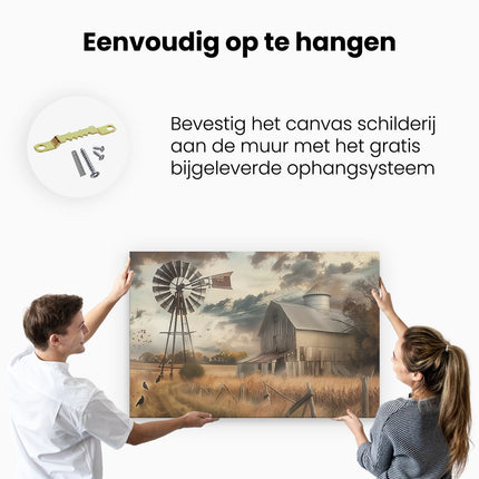 Canvas schilderij ophangen Boerderij met een Windmolen en Kraaien
