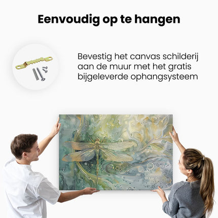Canvas schilderij ophangen Libel op een Groene Achtergrond
