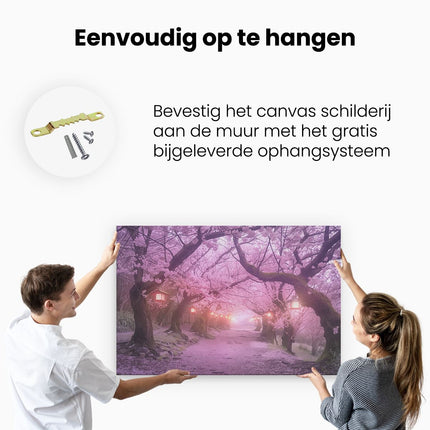Canvas schilderij ophangen Sakura Bloeit op een Pad met Lantaarns