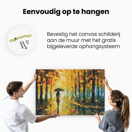 Canvas schilderij ophangen Vrouw die in de Regen loopt met een Paraplu
