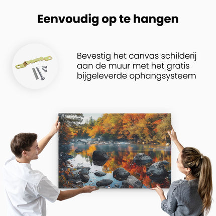 Canvas schilderij ophangen Rivier Omringd door Bomen en Rotsen