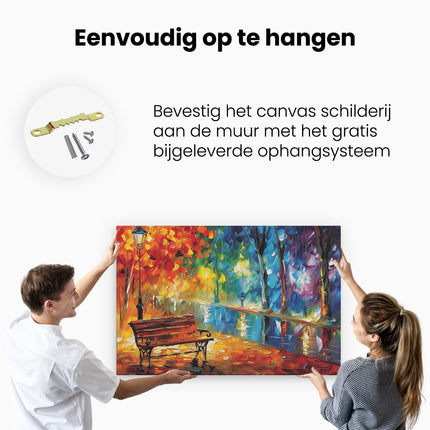 Canvas schilderij ophangen Kunstwerk van een Bankje in een Park