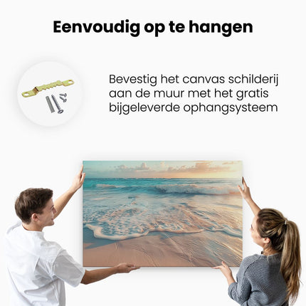 Canvas schilderij ophangen Strand met Golven bij Zonsondergang