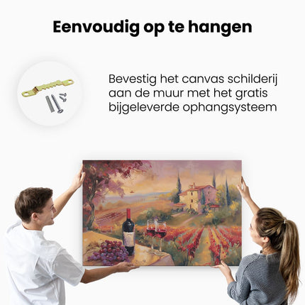 Canvas schilderij ophangen Kunstwerk van Wijn en Druiven op een Tafel
