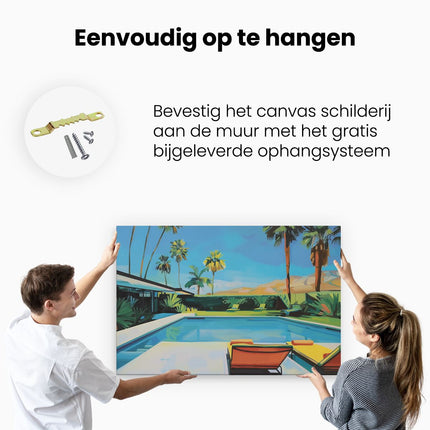 Canvas schilderij ophangen Kunstwerk van een Zwembad met Ligstoelen en Palmbomen