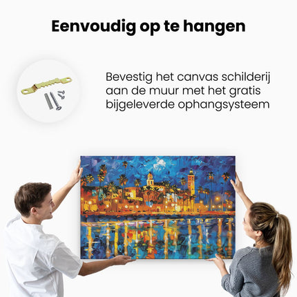 Canvas schilderij ophangen Kunstwerk van een Stad bij Nacht met Palmbomen