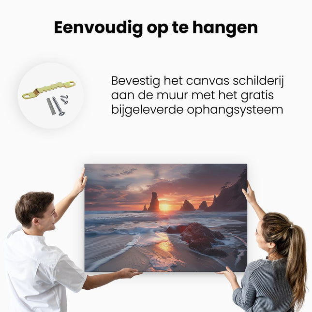 Canvas schilderij ophangen De Zon gaat onder boven een Strand