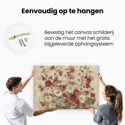 Canvas schilderij ophangen Rode en Witte Bloemen op een Beige Achtergrond