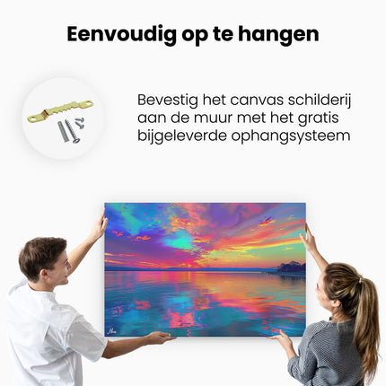 Canvas schilderij ophangen Kleurrijke Zonsondergang over een Watermassa