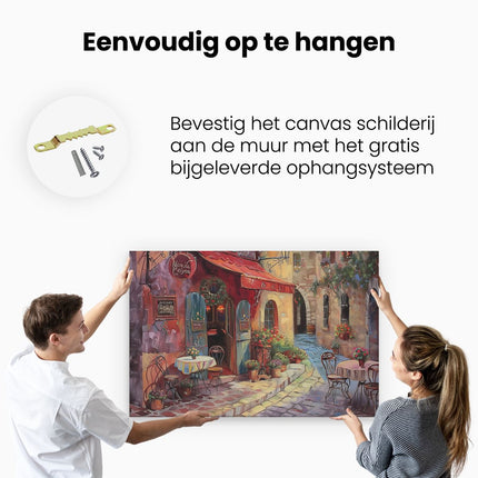 Canvas schilderij ophangen Kunstwerk van een Café met Tafels en Stoelen