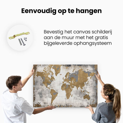 Canvas schilderij ophangen Gouden Wereldkaart op een Witte Achtergrond