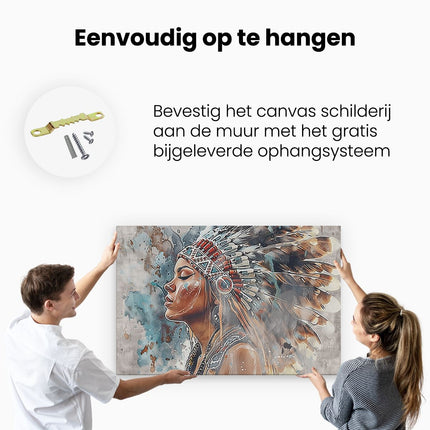 Canvas schilderij ophangen Indiase Vrouw Draagt ​​Een Gevederde Hoofdtooi