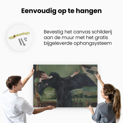 Canvas schilderij ophangen Vrouw in een Zwarte Jurk Liggend op een Groene Bank