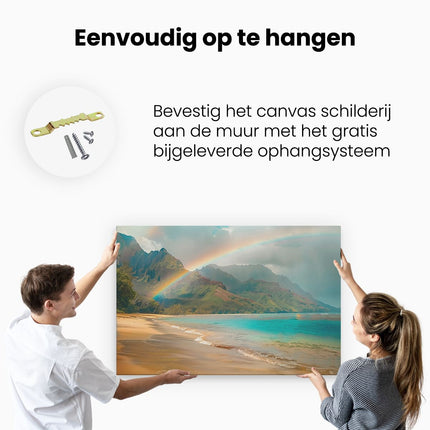 Canvas schilderij ophangen Regenboog boven een Strand in Hawaï
