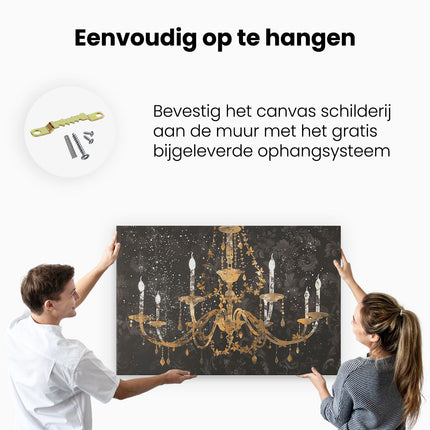 Canvas schilderij ophangen Gouden Kroonluchter op een Zwarte Achtergrond