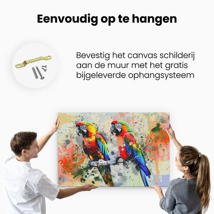 Canvas schilderij ophangen Twee Kleurrijke Papegaaien op een Tak
