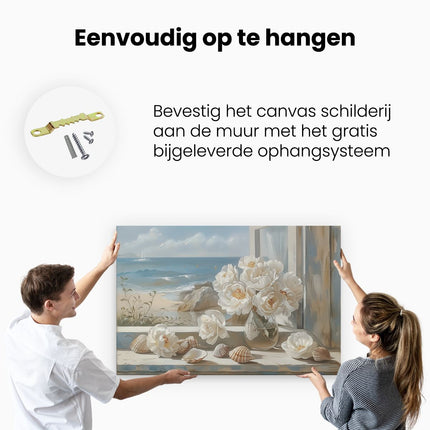 Canvas schilderij ophangen Witte Bloemen en Schelpen op een Vensterbank