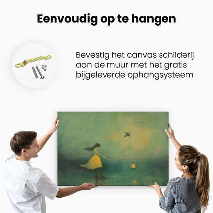 Canvas schilderij ophangen Meisje dat loopt met een Vogel en een Lantaarn