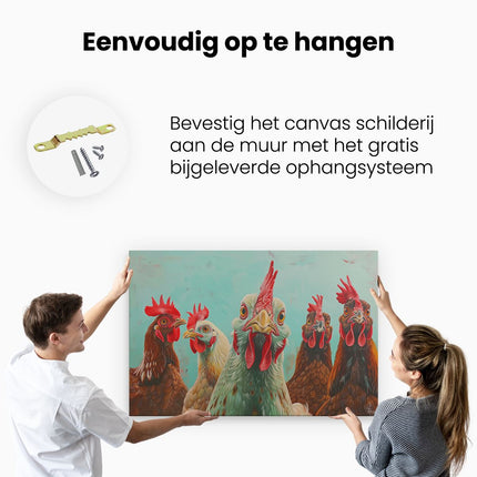 Canvas schilderij ophangen Kunstwerk van een Groep Kippen