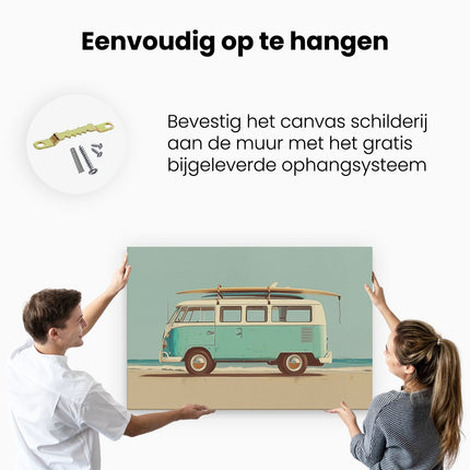 Canvas schilderij ophangen Vw Bus met een Surfplank Erop