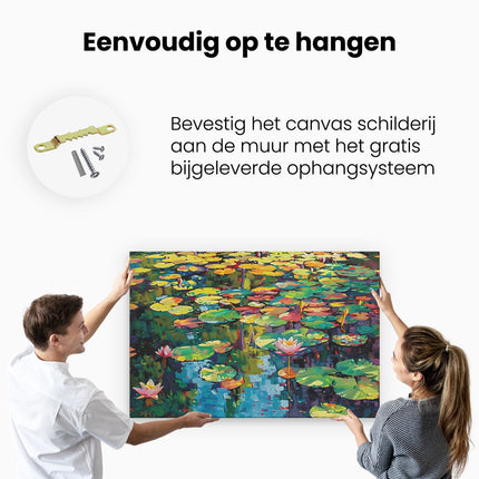 Canvas schilderij ophangen Kleurrijke Waterlelies in een Vijver