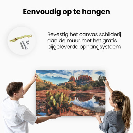 Canvas schilderij ophangen Cactusplant Wordt Weerspiegeld in een Vijver in Sedona, Arizona