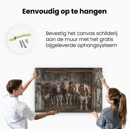 Canvas schilderij ophangen Groep Koeien die in een Schuur Staan