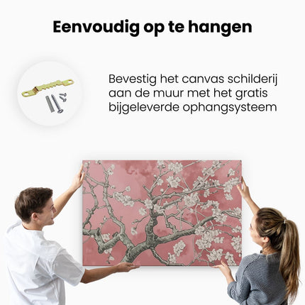 Canvas schilderij ophangen Afbeelding van een Kersenbloesemboom op een Roze Achtergrond