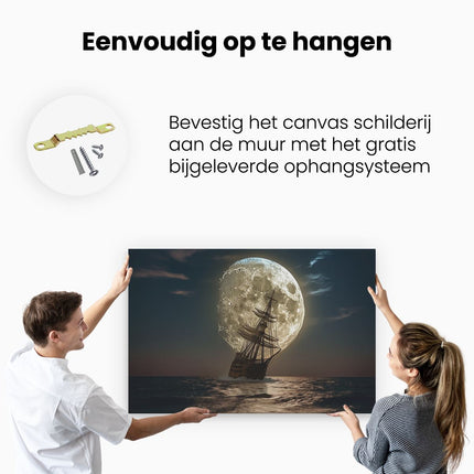 Canvas schilderij ophangen Schip in de Oceaan met een Volle Maan