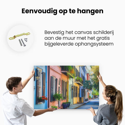 Canvas schilderij ophangen Kleurrijke Huizen in een Straat in Charleston, Zuid-Carolina