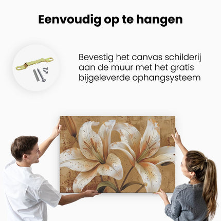 Canvas schilderij ophangen Twee Witte Lelies op een Bruine Achtergrond