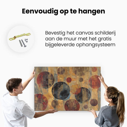 Canvas schilderij ophangen Abstract Kunstwerk met Rode, Bruine en Gouden Cirkels