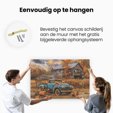 Canvas schilderij ophangen Oude Vrachtwagen met Pompoenen voor een Schuur