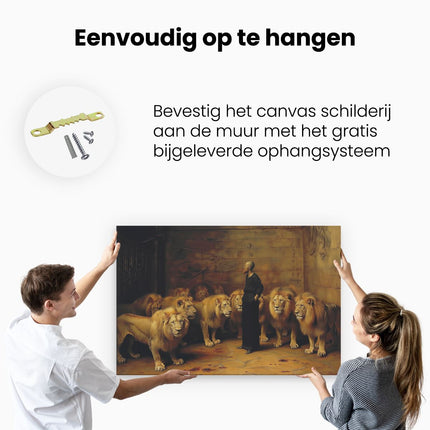 Canvas schilderij ophangen Man Staande voor een Groep Leeuwen