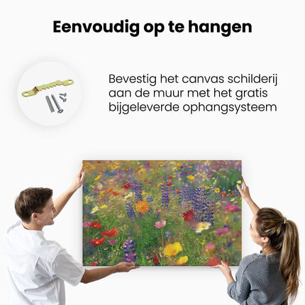 Canvas schilderij ophangen Kleurrijke Bloemen in een Veld