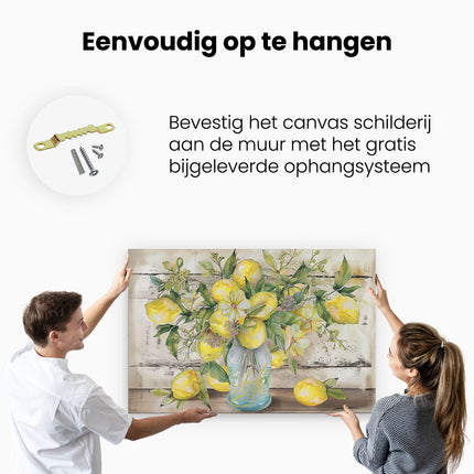 Canvas schilderij ophangen Bosje Citroenen in een Vaas