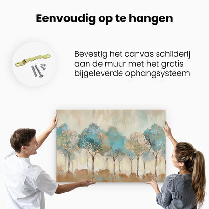 Canvas schilderij ophangen Kunstwerk van Bomen in Blauw, Bruin en Bruin