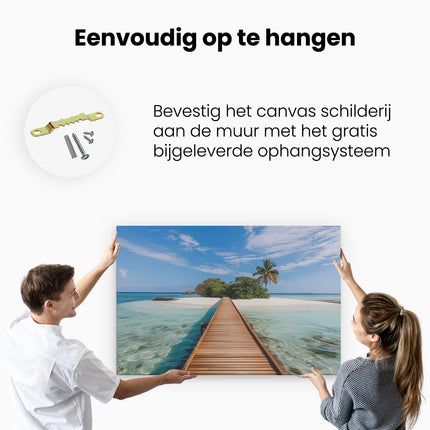 Canvas schilderij ophangen Houten Loopbrug die Leidt naar een Tropisch Eiland
