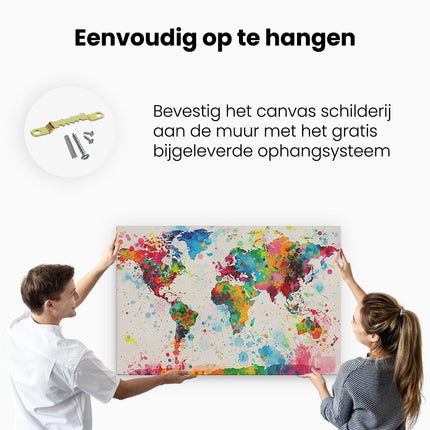 Canvas schilderij ophangen Kleurrijke Wereldkaart met Verfspatten