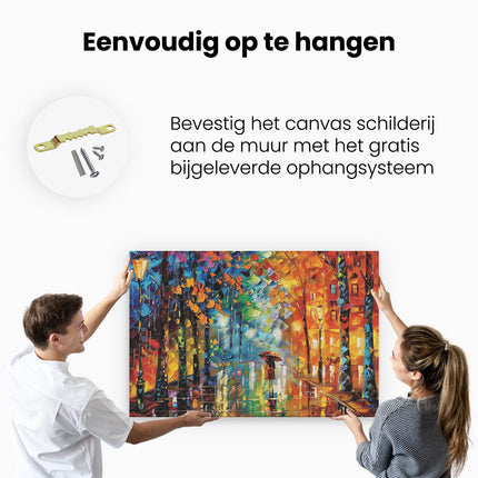 Canvas schilderij ophangen Kunstwerk van een Vrouw die door een Straat loopt in de Regen