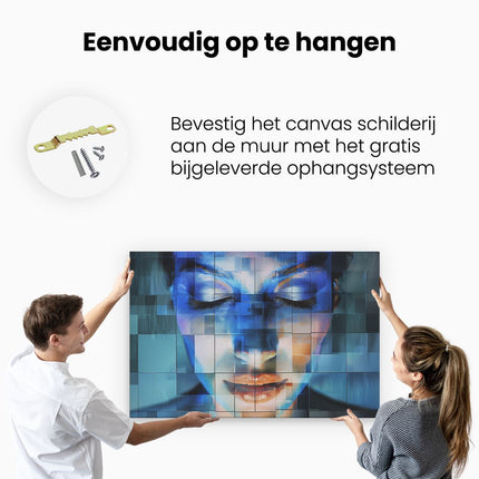 Canvas schilderij ophangen Vrouwengezicht met Blauwe Vierkanten