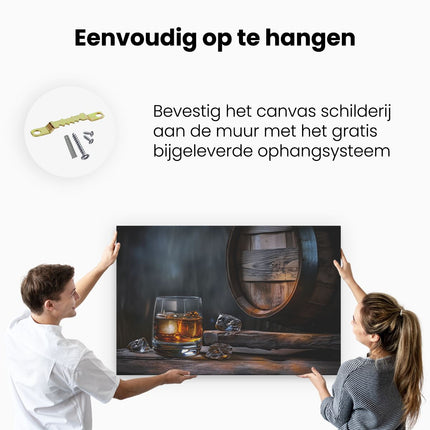 Canvas schilderij ophangen Glas Whisky met IJsblokjes en een Houten Vat