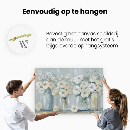 Canvas schilderij ophangen Witte Bloemen in Stenen Potten